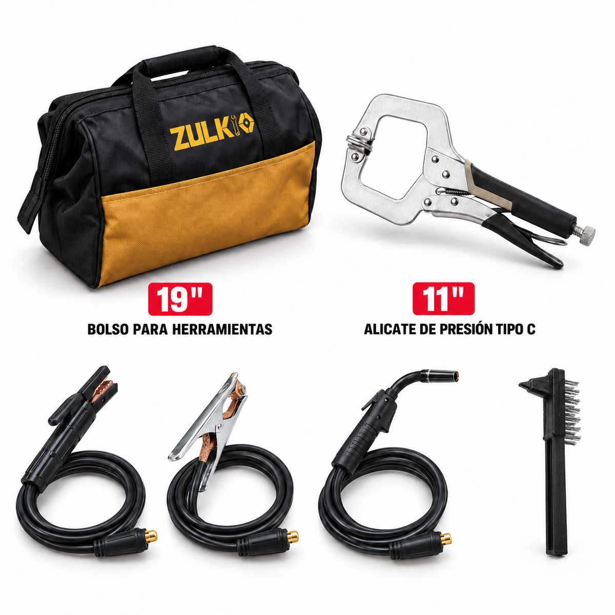Accesorios de la Zulkio SET12: bolso de herramientas, alicate de presión, torcha MIG, pinzas y cepillo de acero