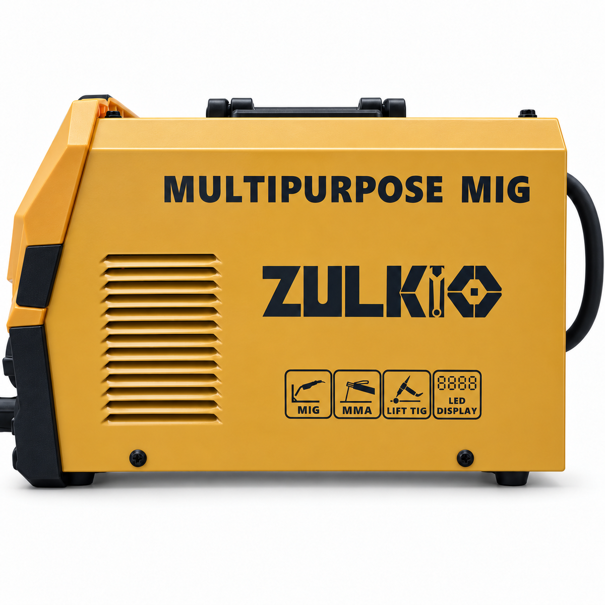 Costado de la soldadora Zulkio SET12 con rejilla de ventilación e íconos de procesos MIG, MMA y TIG Lift