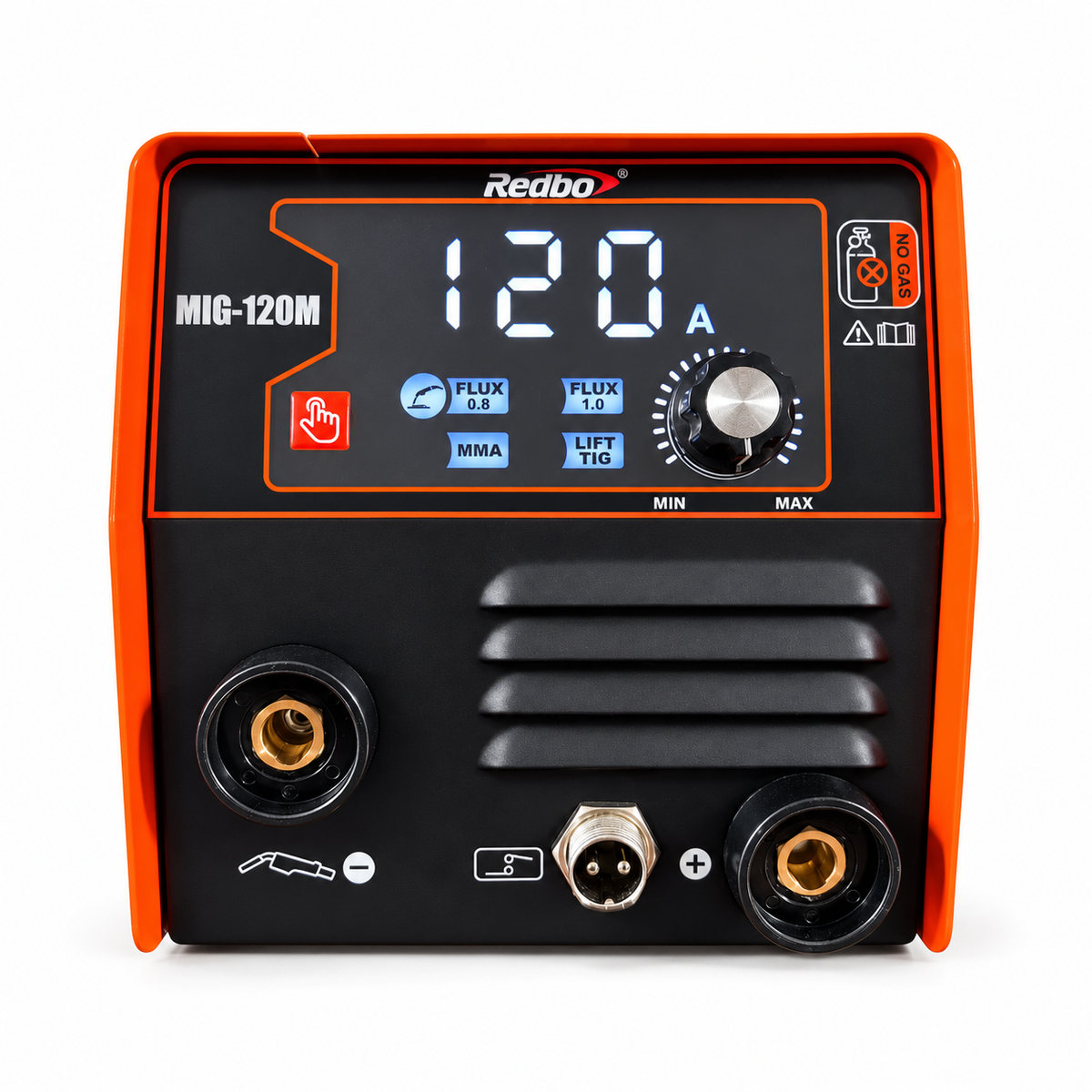 Panel digital de la soldadora Redbo MIG-120M con selección de alambre Flux 0,8 y 1,0 mm, MMA y TIG Lift