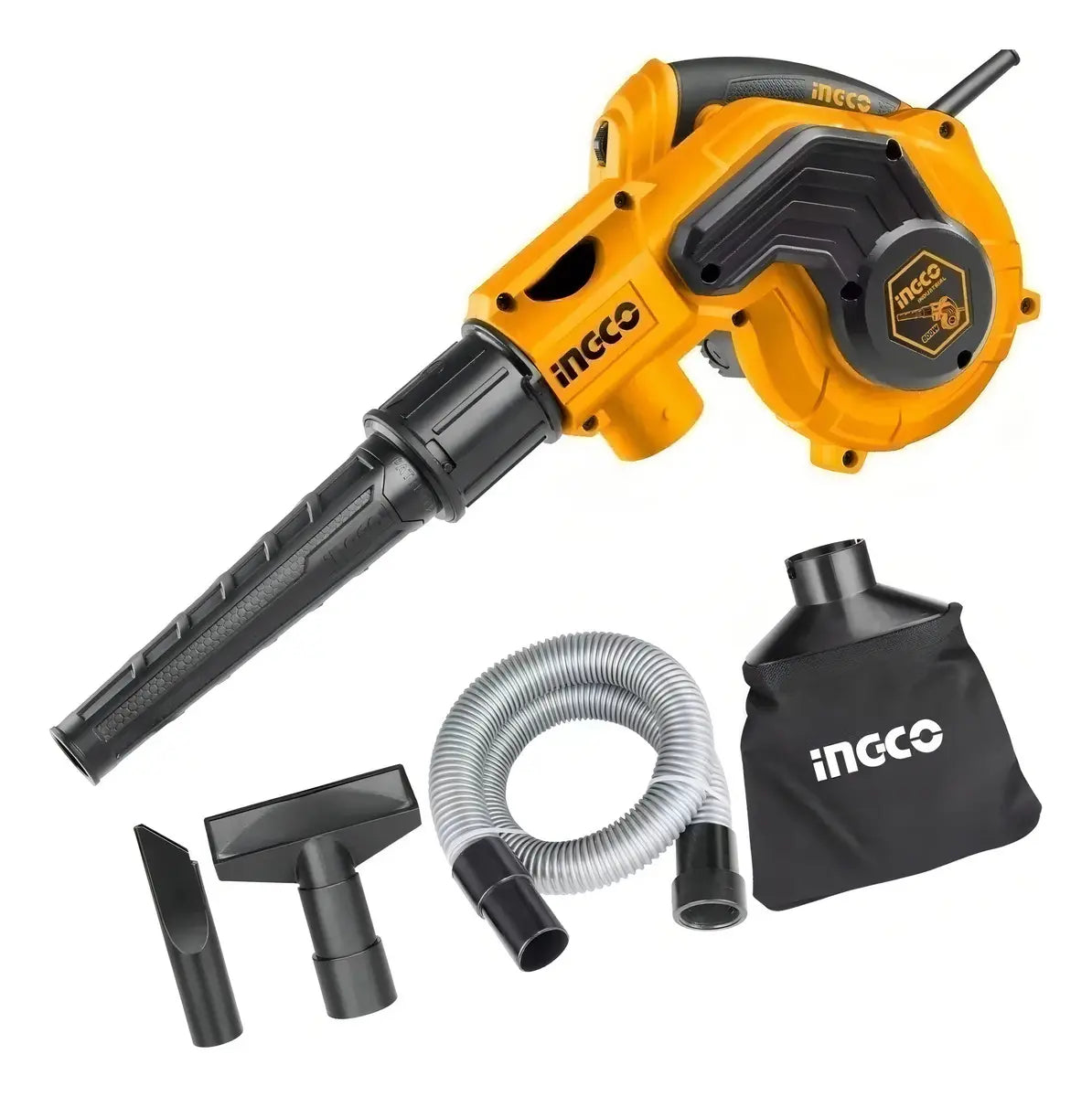 Sopladora aspiradora Ingco AB8008 con tubo de soplado, tubo flexible, 2 boquillas de succión y bolsa recolectora