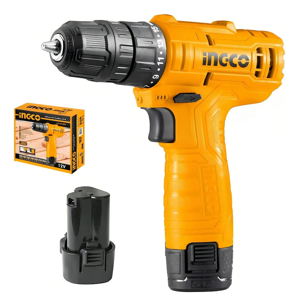 Taladro atornillador Ingco CDLI12428 de 12 V con batería de 1,5 Ah y mandril de 10 mm