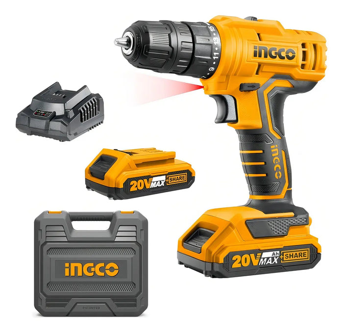 Taladro Inalámbrico 20 V con 2 Baterías y Cargador Ingco CDLI20012