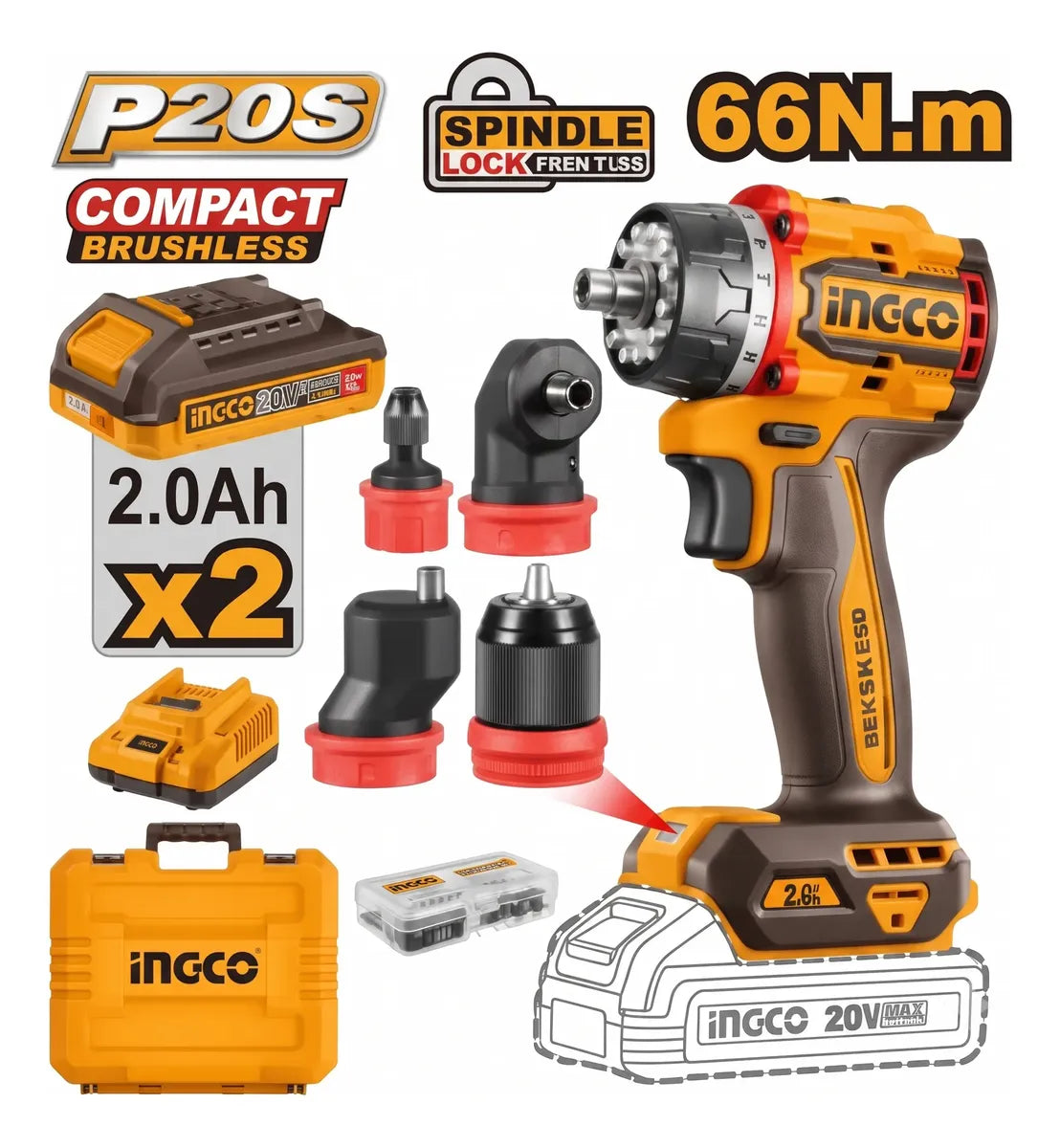 Kit taladro multicabezal Ingco CDLI206686 con 2 baterías de 2,0 Ah, cargador, 4 cabezales y maletín