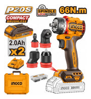 Kit taladro multicabezal Ingco CDLI206686 con 2 baterías de 2,0 Ah, cargador, 4 cabezales y maletín