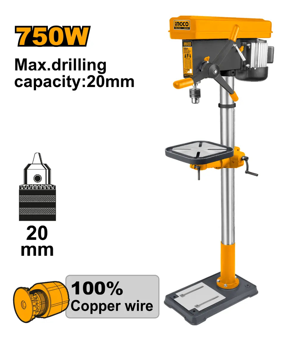 Taladro de pedestal Ingco DP207505 de 750 W y 20 mm, vista completa