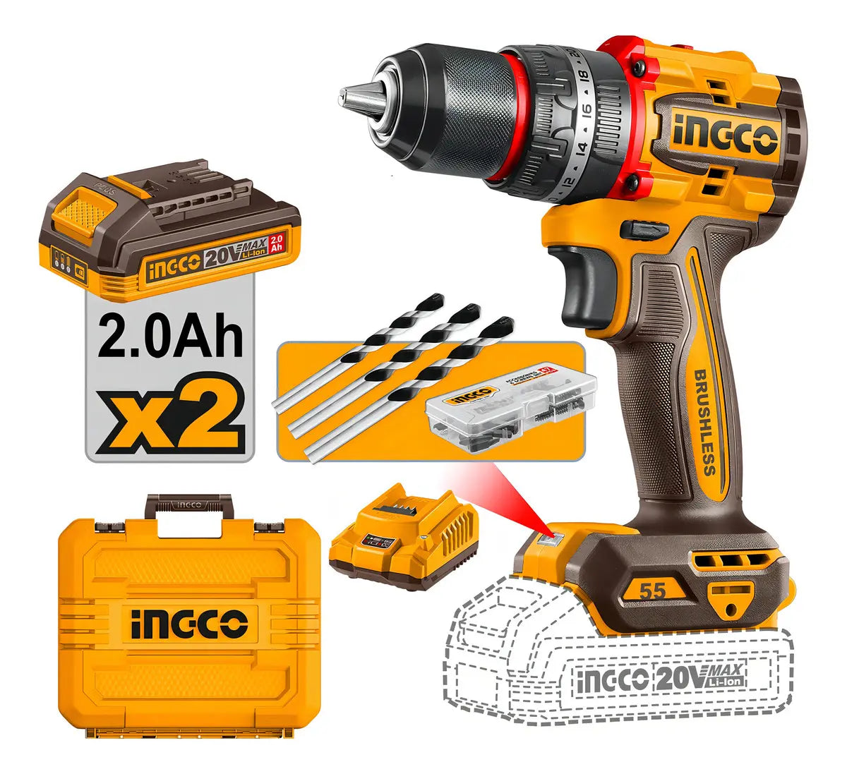 Taladro percutor Ingco CIDLI20558 con 2 baterías de 2,0 Ah, cargador, brocas, caja de accesorios y maletín
