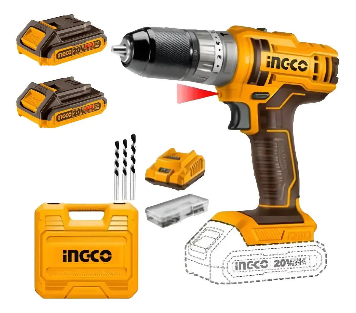 Taladro percutor inalámbrico Ingco CIDLI201452 de 20 V con 2 baterías, cargador, brocas y maletín