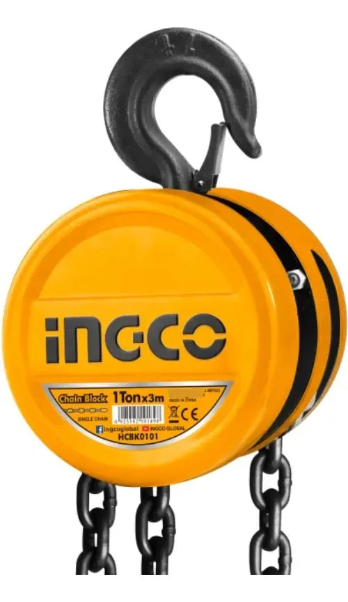 Tecle manual de cadena Ingco HCBK0101 de 1 t, con cuerpo amarillo, ganchos y cadenas
