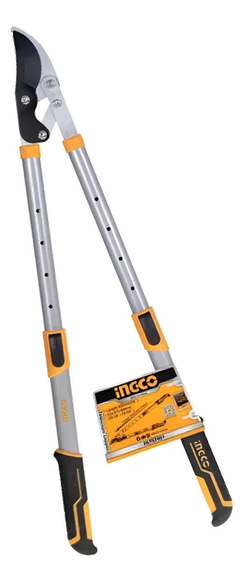 Tijera cortarramas telescópica Ingco HLTS7401 con mangos grises y amarillos, hoja curva y etiqueta del fabricante