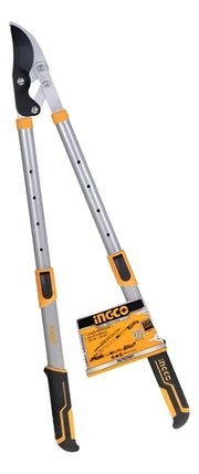 Tijera cortarramas telescópica Ingco HLTS7401 con mangos grises y amarillos, hoja curva y etiqueta del fabricante