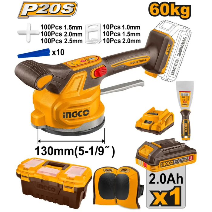 Ventosa con Vibración Inalámbrica para Cerámica P20S 20 V 60 kg con Batería y Cargador Ingco CTVLI20018