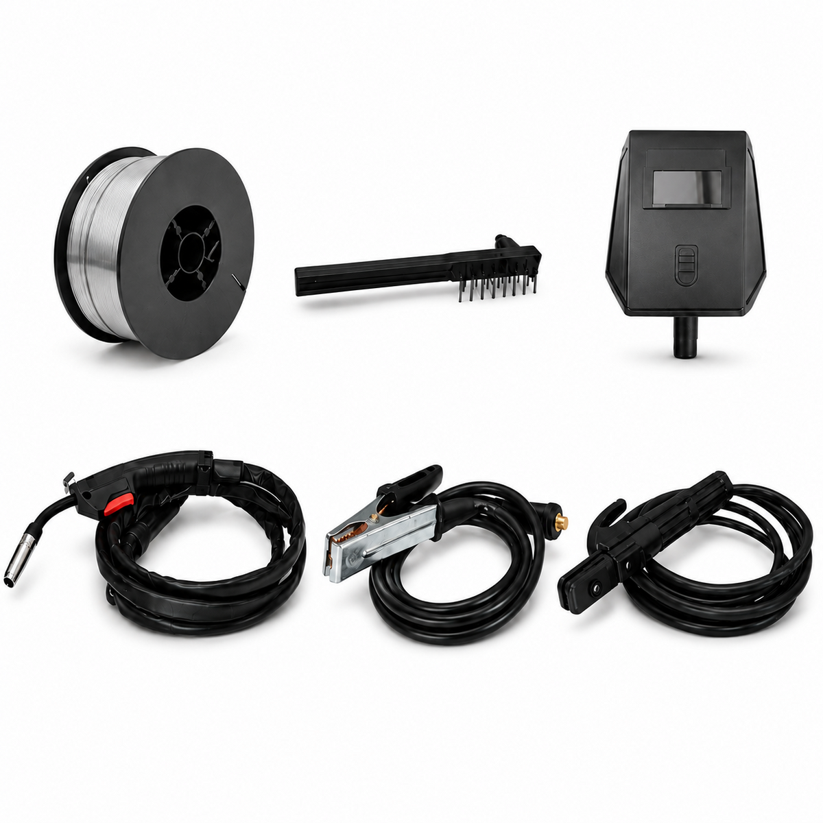 Accesorios de la Zulkio 300YK02: rollo de alambre Flux, cepillo de acero, careta de inicio, torcha MIG y pinzas